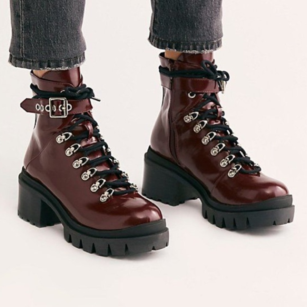 Jeffrey Campbell Czech Lace Up Red Combat Boots Chunky Buckle Glossy Lug Zip Up